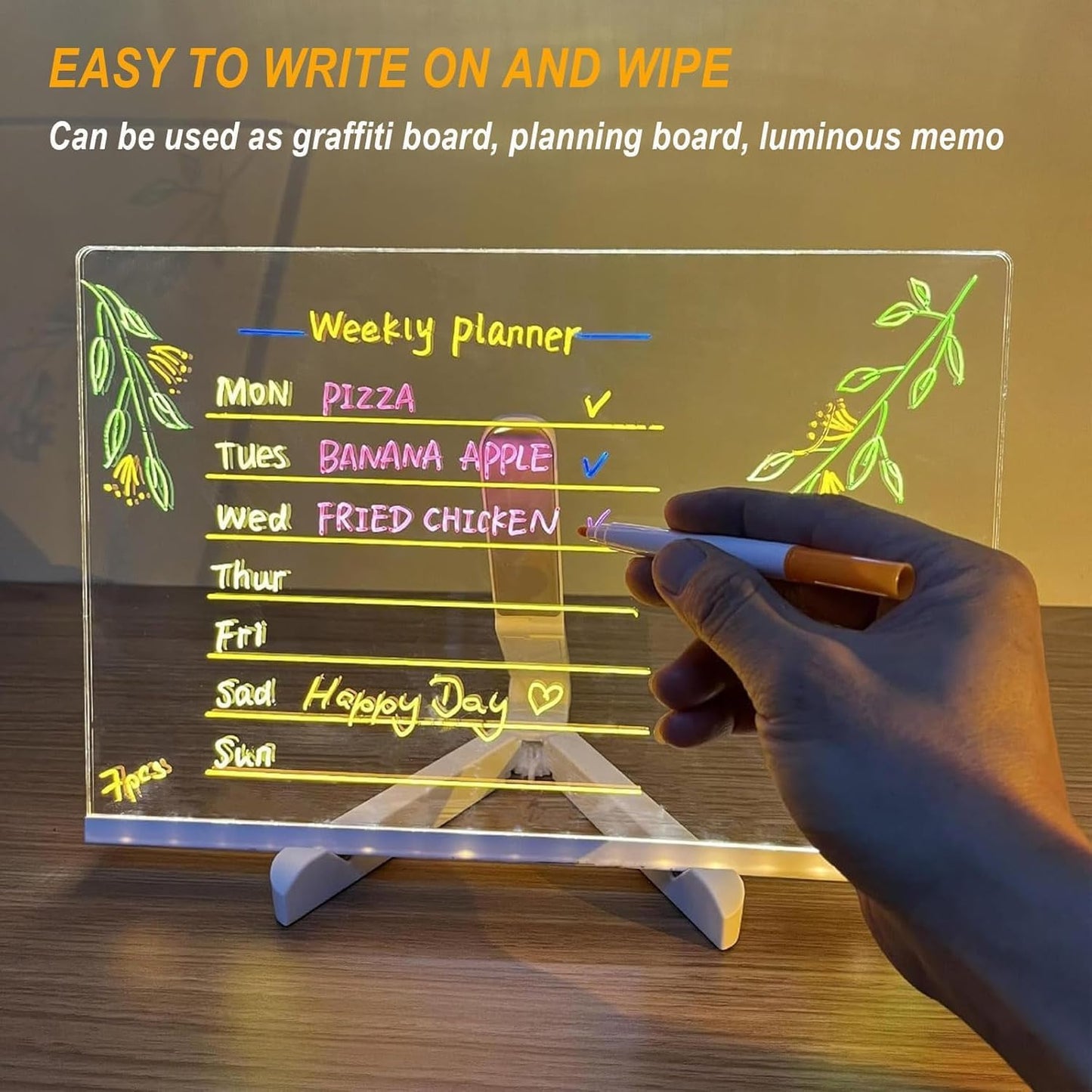 LED Light-Up Acrylic Writing Board – Reusable Wipe-Clean Drawing Board with 7 Markers for Kids & Home Use