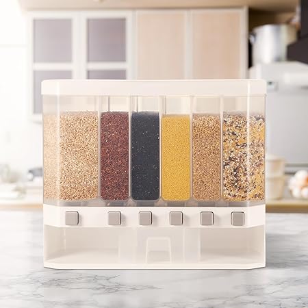 Grain Dispenser with Measuring Cup，Dry Food Dispenser Snack Dispenser Rice Storage 6 gird