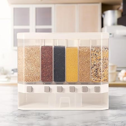 Grain Dispenser with Measuring Cup，Dry Food Dispenser Snack Dispenser Rice Storage 6 gird