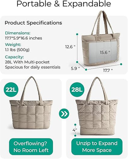 Expandable Tote Bag for Women, Puffer Work Tote Handbag, Quilted Carry On Bag for Travel Gym