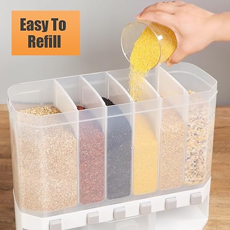 Grain Dispenser with Measuring Cup，Dry Food Dispenser Snack Dispenser Rice Storage 6 gird