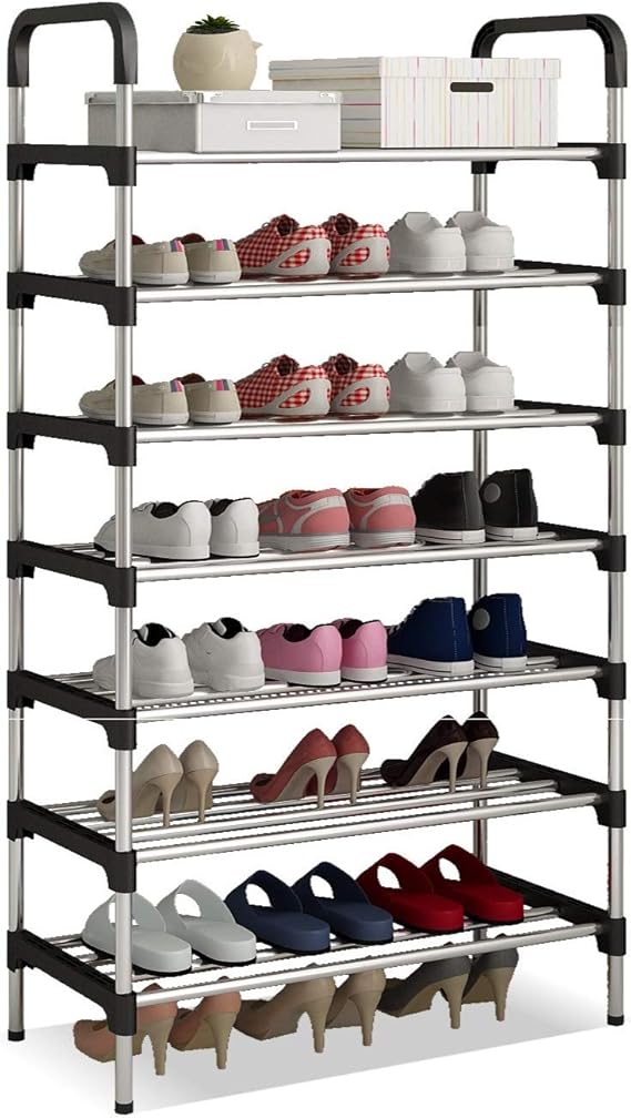 Long Stainless Steel Shoe Rack Shoe Stand Storage Organizer Shoe Cabinet Durable Portable (7 Layer, Black)