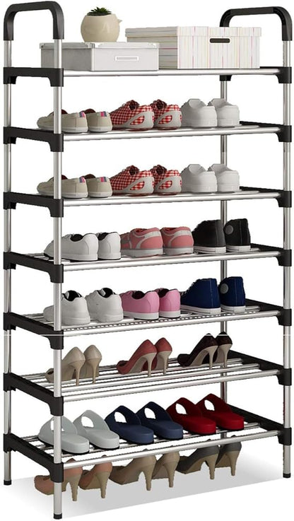 Long Stainless Steel Shoe Rack Shoe Stand Storage Organizer Shoe Cabinet Durable Portable (7 Layer, Black)