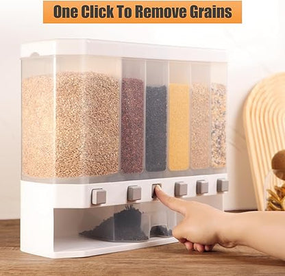 Grain Dispenser with Measuring Cup，Dry Food Dispenser Snack Dispenser Rice Storage 6 gird