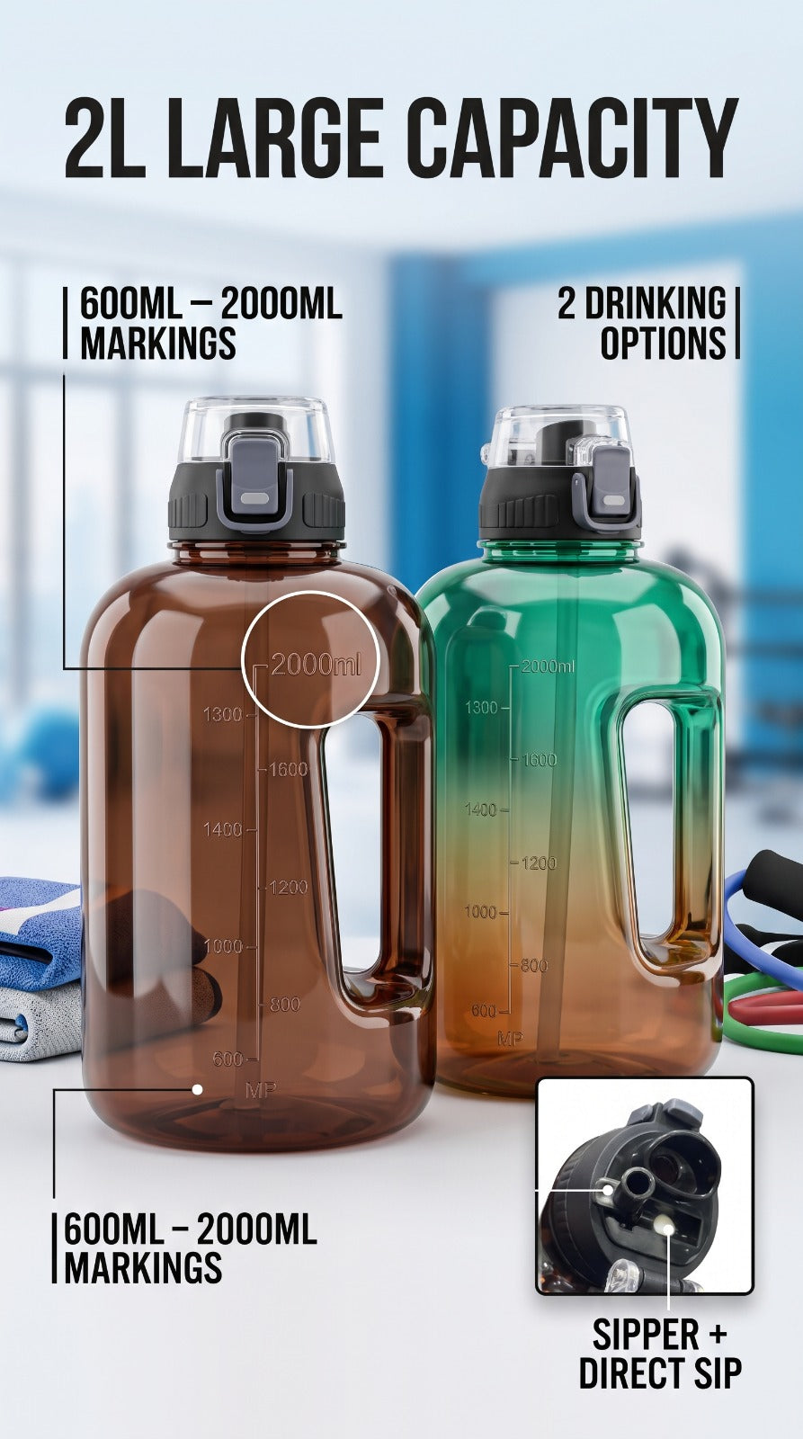 2L Gym Water Bottle With Straw & Handle BPA Free