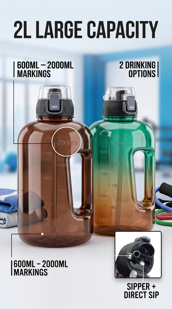 2L Gym Water Bottle With Straw & Handle BPA Free