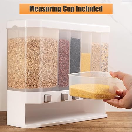 Grain Dispenser with Measuring Cup，Dry Food Dispenser Snack Dispenser Rice Storage 6 gird