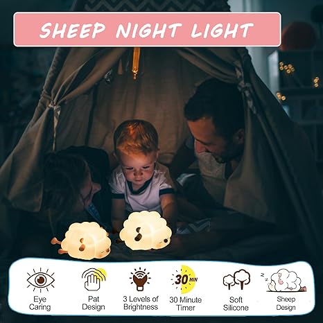 LED Sheep Baby Bedside Lamp with 3 Light Levels, Cute Silicone Rechargeable Night Lamp with Touch Sensor for Children's Room Bedroom Lights Baby Room Decor Birthday Gift