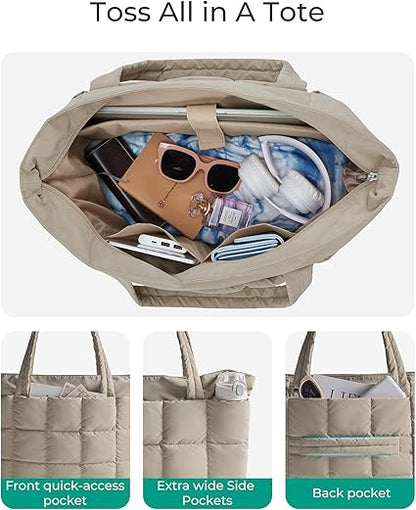Expandable Tote Bag for Women, Puffer Work Tote Handbag, Quilted Carry On Bag for Travel Gym