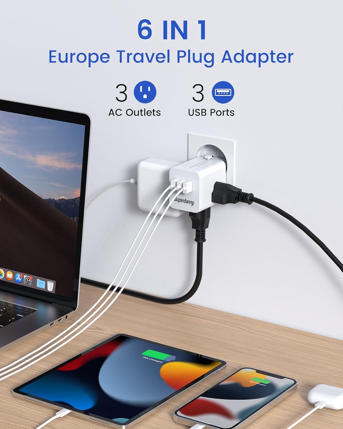 Travel Power Plug Adapter Travel Essentials 3 Outlets 3 USB Ports Slide-Out Europlug