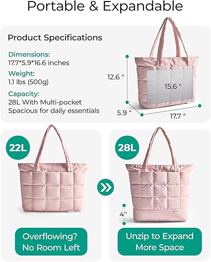 Expandable Tote Bag for Women, Puffer Work Tote Handbag, Quilted Carry On Bag for Travel Gym