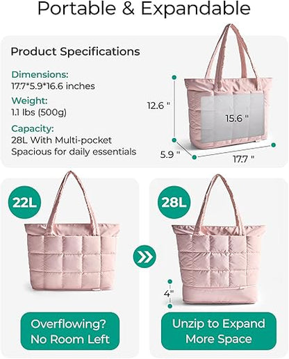 Expandable Tote Bag for Women, Puffer Work Tote Handbag, Quilted Carry On Bag for Travel Gym