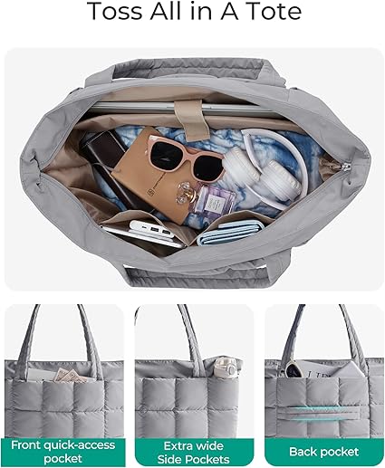 Expandable Tote Bag for Women, Puffer Work Tote Handbag, Quilted Carry On Bag for Travel Gym