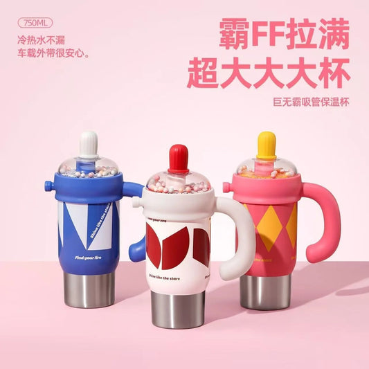 Stainless Steel Insulated Tumbler with Straw &amp; Handle | Double wall Insulation | Portable &amp; Leakproof | 750 ML | Assorted Colors | Box Packing
