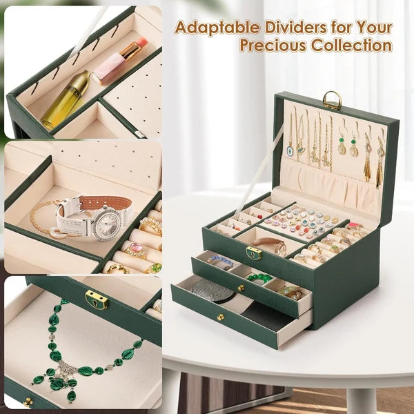 3 Layer PU Leather Jewelry Storage Organizer Box with Lock