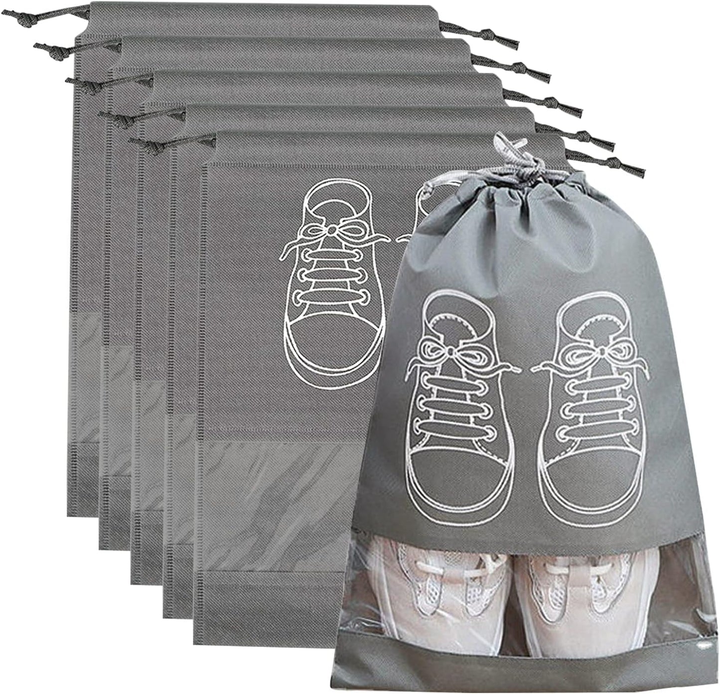 Travel Shoe Pouch, Grey Non Woven Fabric Dustproof Drawstring Bag, Breathable Storage Pouch
