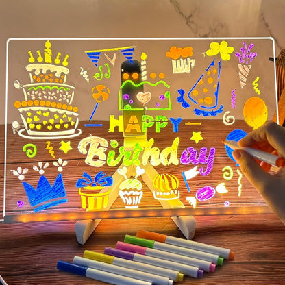 LED Light-Up Acrylic Writing Board – Reusable Wipe-Clean Drawing Board with 7 Markers for Kids & Home Use