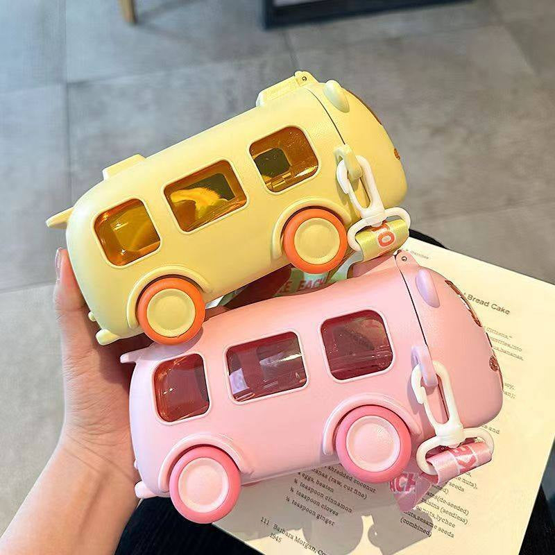 Bus car drinking plastic water bottle with straw/strap