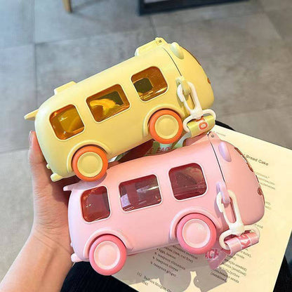 Bus car drinking plastic water bottle with straw/strap