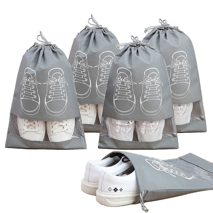 Travel Shoe Pouch, Grey Non Woven Fabric Dustproof Drawstring Bag, Breathable Storage Pouch
