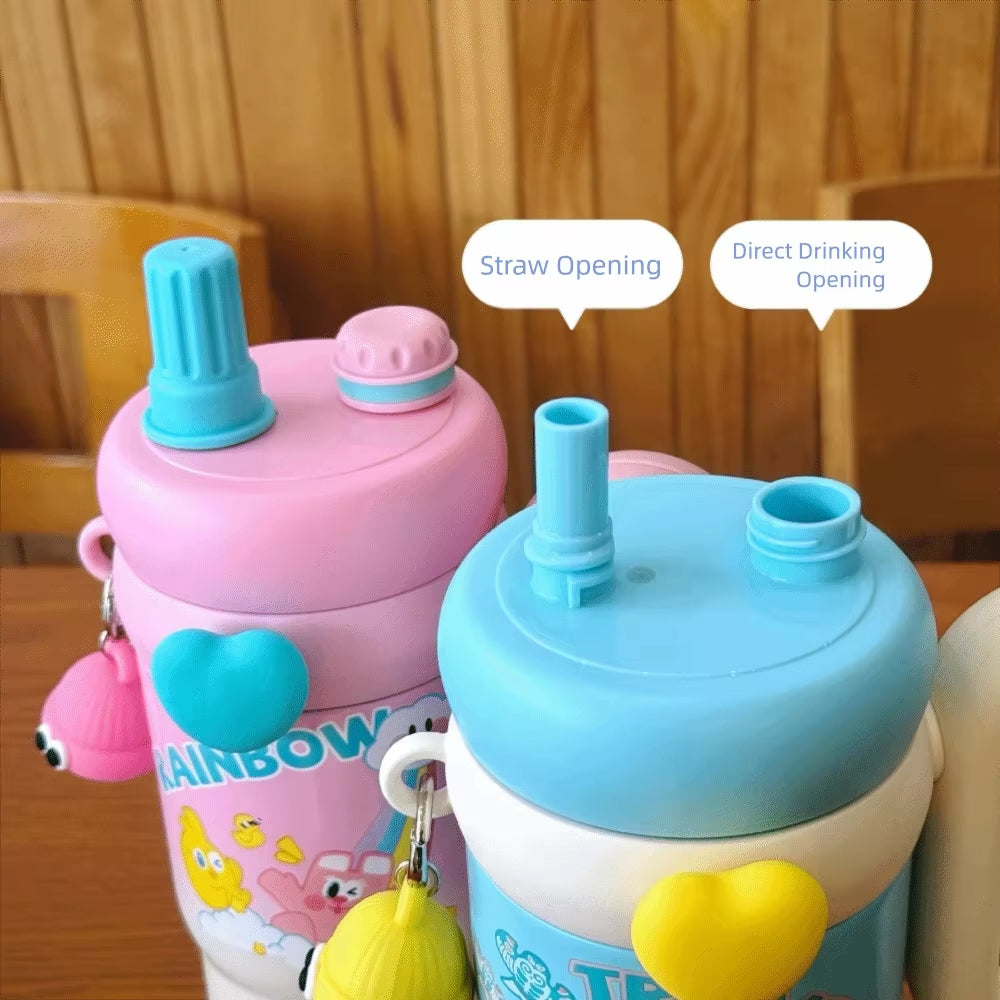 STAINLESS STEEL CUTE KAWAI PRINTED INSULATED TUMBLER SIPPER WITH STRAW AND HANDLE  850 ML