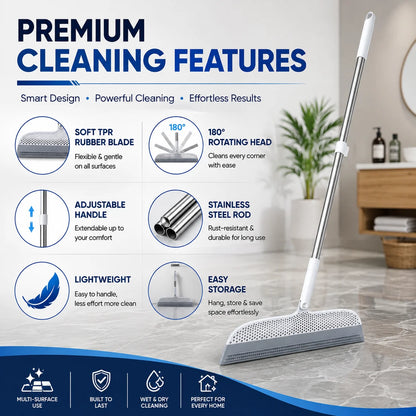 2-in-1 Rubber Floor Squeegee Broom with Extendable Handle – Wet & Dry Multi-Surface Cleaner