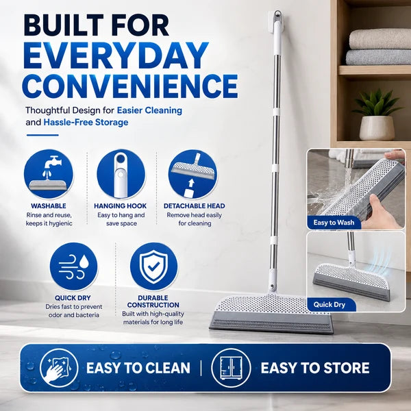 2-in-1 Rubber Floor Squeegee Broom with Extendable Handle – Wet & Dry Multi-Surface Cleaner