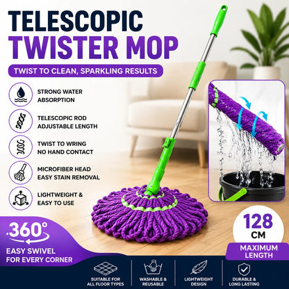Telescopic Twister Mop with Microfiber Head – Self Wringing Floor Cleaning Mop