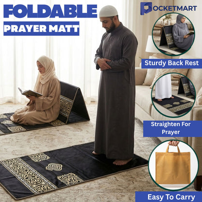 Foldable Janamaz with Backrest – Premium Turkish Style Prayer Mat //Black
