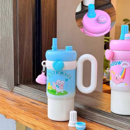 STAINLESS STEEL CUTE KAWAI PRINTED INSULATED TUMBLER SIPPER WITH STRAW AND HANDLE  850 ML