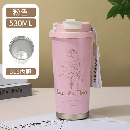 530ml/18oz Sipper + Coffee Cup with Straw 316 Stainless Steel Water Bottle Portable Coffee Mugs Inssulated Tumbler Vaccum Flask