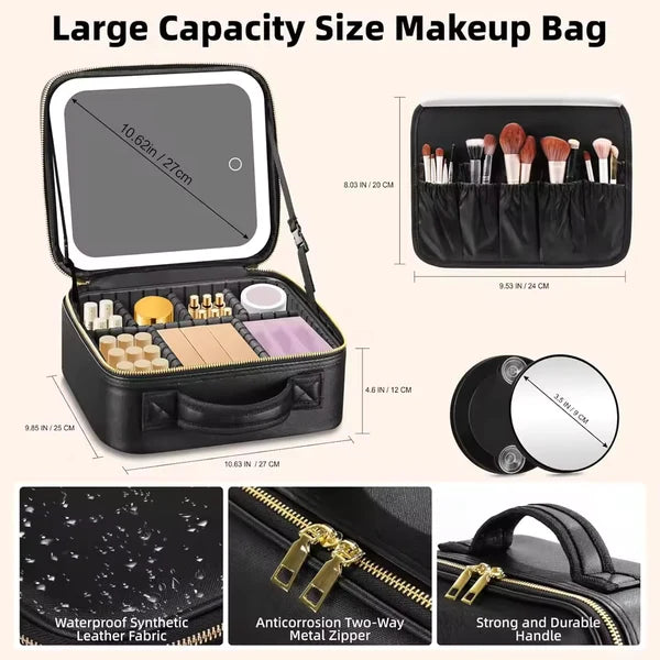 Large Capacity LED Makeup Bag with Mirror | Portable Cosmetic Organizer Case