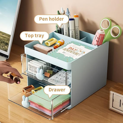 Small Desk Organizer with Drawer, Multi-Functional Pen Pencil Holder Storage Box, Desk Organizers