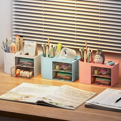 Small Desk Organizer with Drawer, Multi-Functional Pen Pencil Holder Storage Box, Desk Organizers
