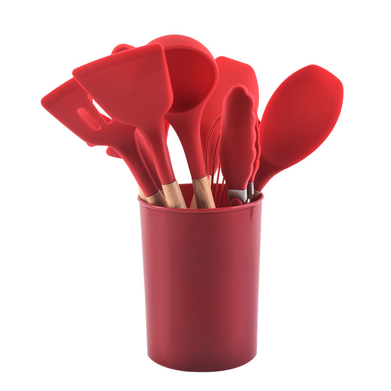12 Pcs Silicone Kitchen Set Wooden Handle and Storage Box.