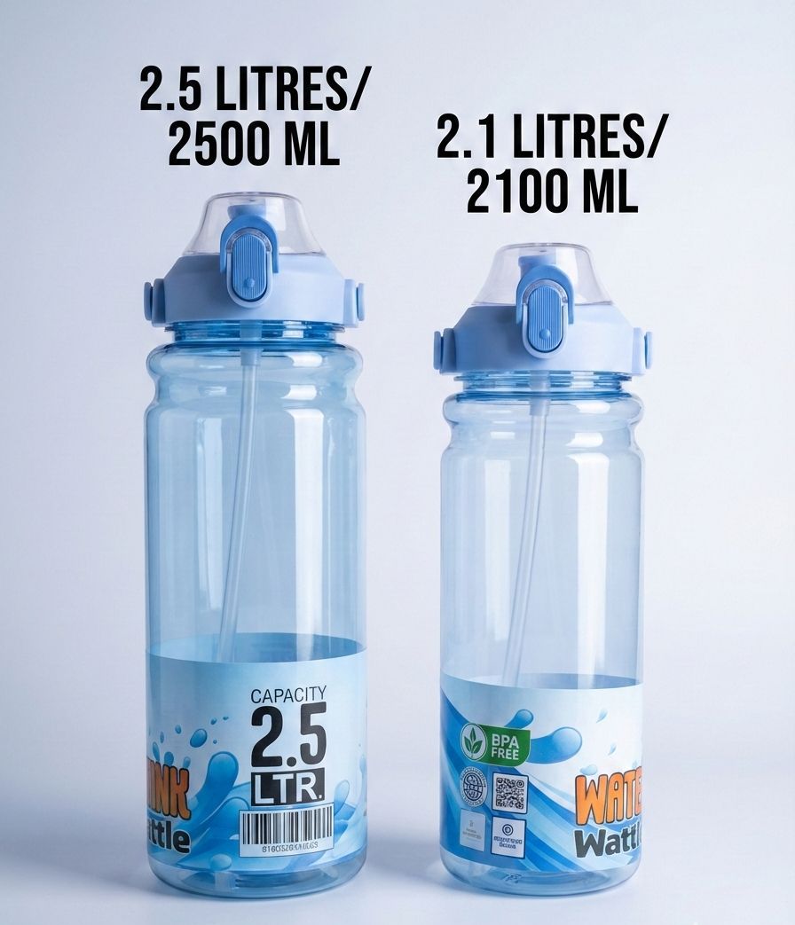 Transparent Big Size Water Bottle 2100ml & 2500ml | Leakproof Sipper Single-Click Unlock Plastic Water Bottle for Gym, Travel & Daily Use