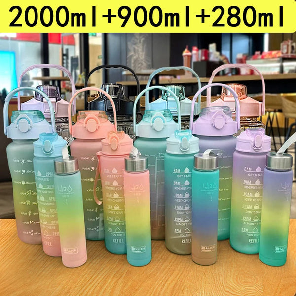 3 Pack Sports Water Bottle With Straw,2L+900ml+500ml Markings Motivational Fitness