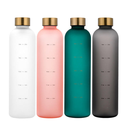 1L Water Bottle With Time Marker Outdoor Travel Leakproof Frosted Plastic