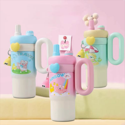 STAINLESS STEEL CUTE KAWAI PRINTED INSULATED TUMBLER SIPPER WITH STRAW AND HANDLE  850 ML