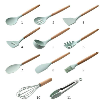 12 Pcs Silicone Kitchen Set Wooden Handle and Storage Box.