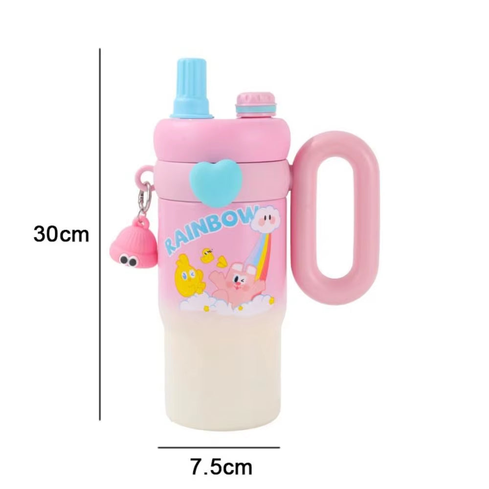 STAINLESS STEEL CUTE KAWAI PRINTED INSULATED TUMBLER SIPPER WITH STRAW AND HANDLE  850 ML