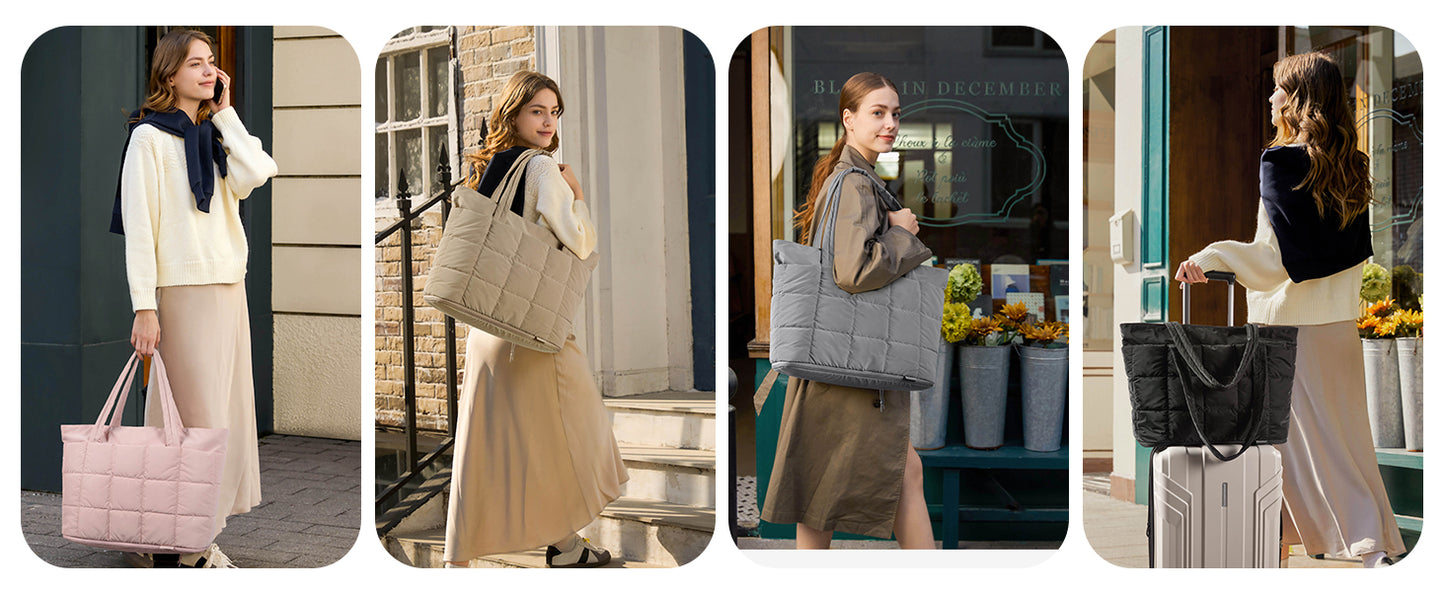 Expandable Tote Bag for Women, Puffer Work Tote Handbag, Quilted Carry On Bag for Travel Gym