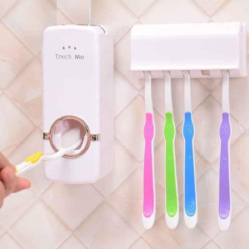 No-Drill Wall-Mounted Toothpaste Dispenser & Holder Set: Space-Saving, Hygienic Bathroom Organizer for Families