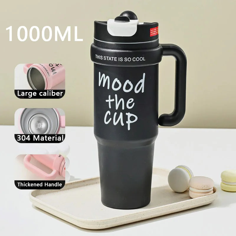 Mood The Cup Insulated Water Bottle, 900 ml, Stainless Steel Tumbler with Handle and Lid & Straw, Double Insulated Cup 100% Leak Proof for Office & Gym