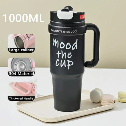Mood The Cup Insulated Water Bottle, 900 ml, Stainless Steel Tumbler with Handle and Lid & Straw, Double Insulated Cup 100% Leak Proof for Office & Gym