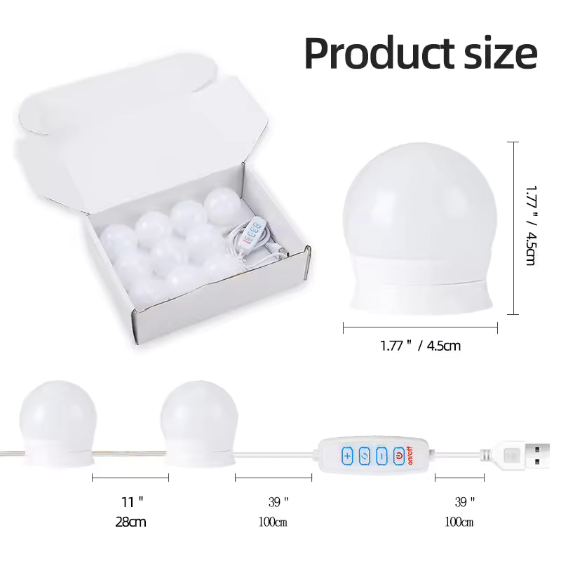 Illuminate Your Beauty: 3-Color 10 LED Bulbs Adjustabel LED Vanity Mirror Lights with USB Power