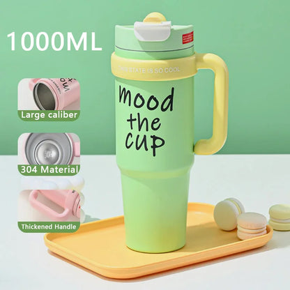 Mood The Cup Insulated Water Bottle, 900 ml, Stainless Steel Tumbler with Handle and Lid & Straw, Double Insulated Cup 100% Leak Proof for Office & Gym