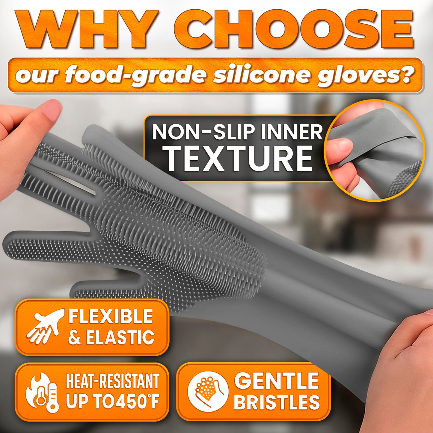 Reusable Silicone Scrub Gloves for Dishes & Pet Bathing – Heat-Resistant Cleaning Gloves with Massaging Bristles