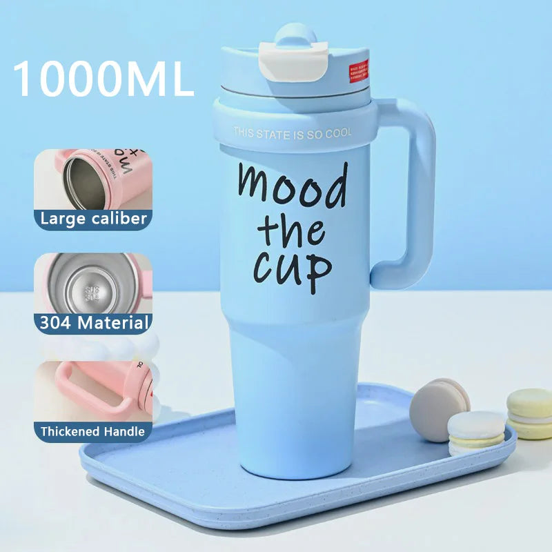 Mood The Cup Insulated Water Bottle, 900 ml, Stainless Steel Tumbler with Handle and Lid & Straw, Double Insulated Cup 100% Leak Proof for Office & Gym