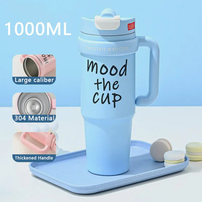 Mood The Cup Insulated Water Bottle, 900 ml, Stainless Steel Tumbler with Handle and Lid & Straw, Double Insulated Cup 100% Leak Proof for Office & Gym